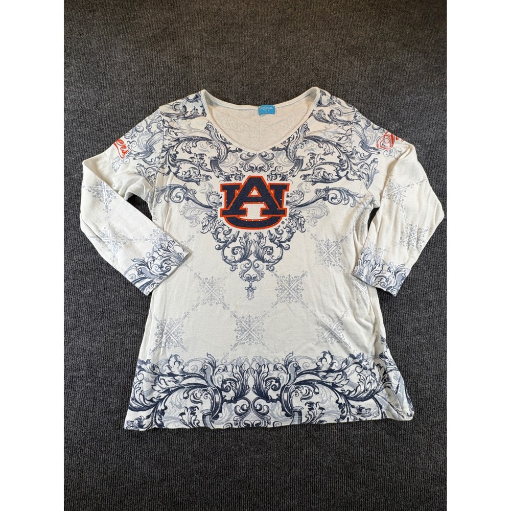 Auburn Tigers P. Michael Women XL Rhinestone Baroque Filigree V-Neck Top Cream